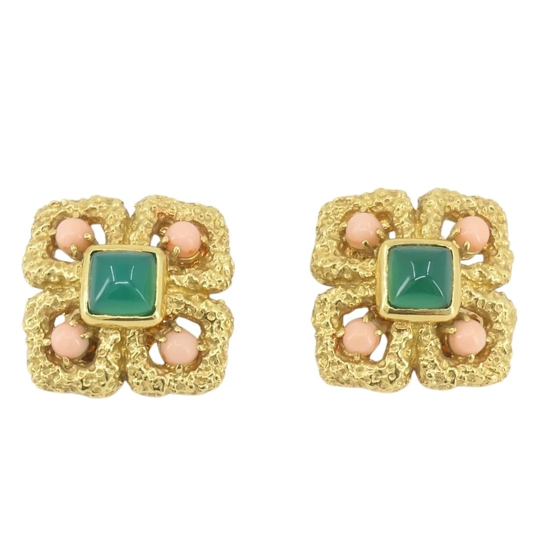 Vintage Van Cleef Earrings 18k Gold Coral Chrysophrase - 3