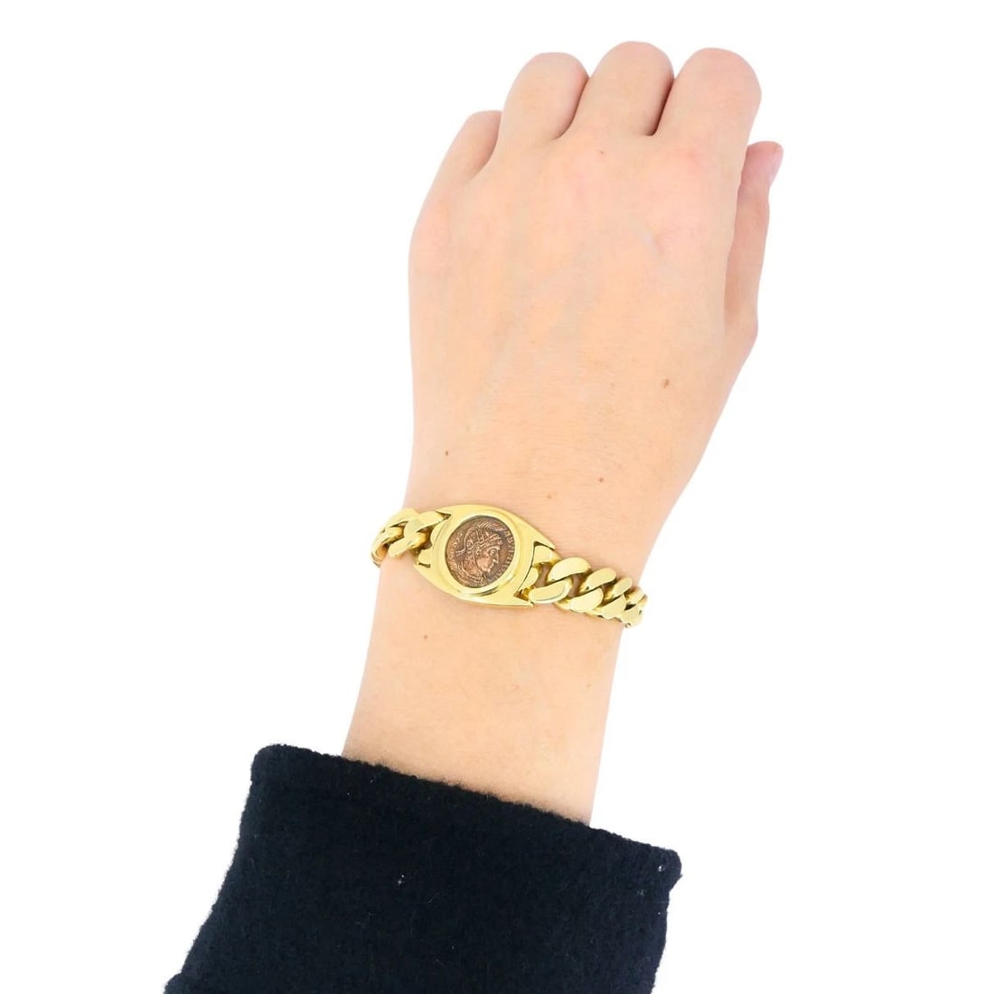 Vintage Bvlgari 18k Gold Monete Bronze Ancient Coin Curblink Bulgari Bracelet - 12