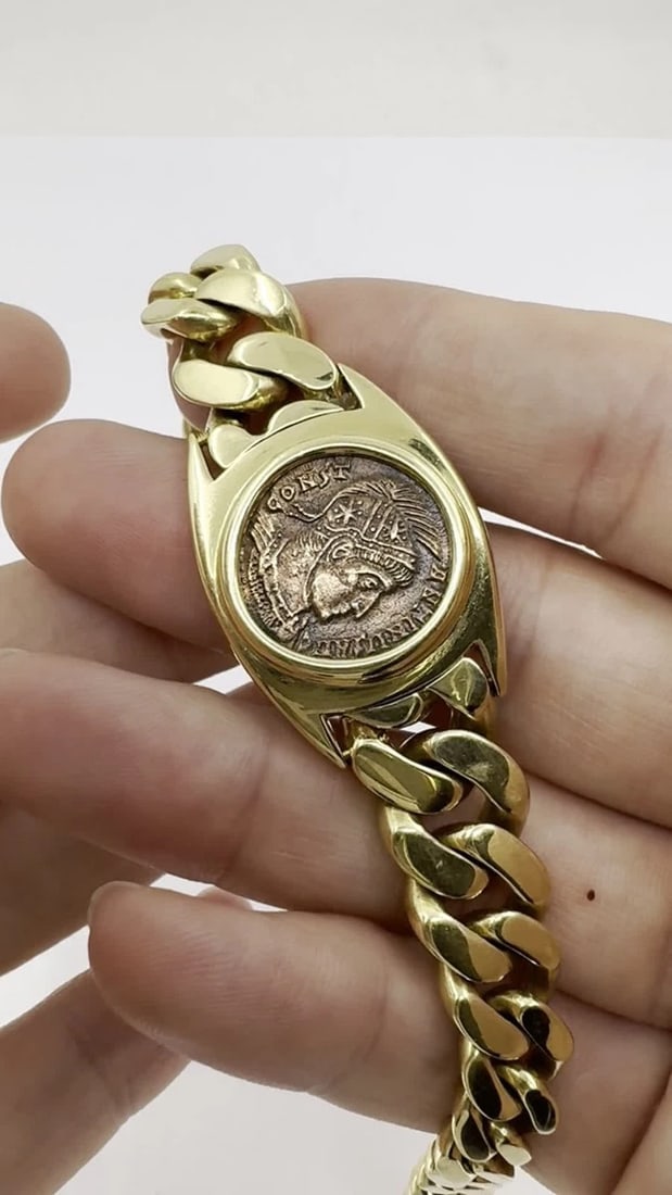 Vintage Bvlgari 18k Gold Monete Bronze Ancient Coin Curblink Bulgari Bracelet - 2