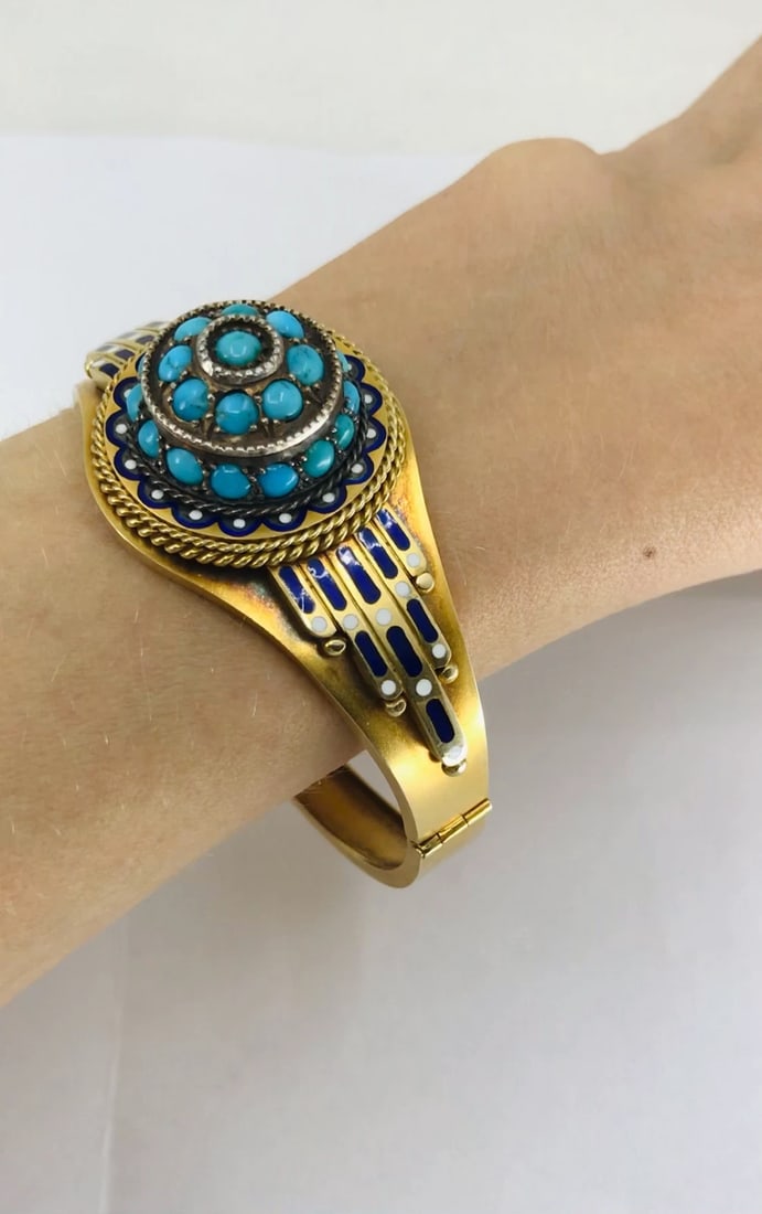 Vintage Turquoise Bracelet Enamel Bangle 14k Gold Silver Accents - 2