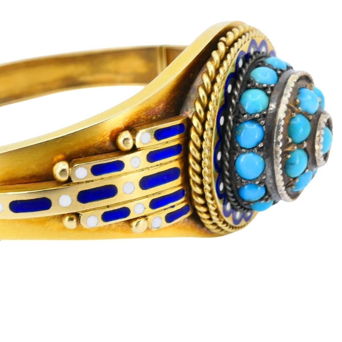 Vintage Turquoise Bracelet Enamel Bangle 14k Gold Silver Accents - 4