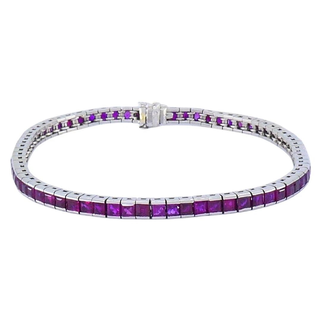 Art Deco Ruby Tennis Bracelet Platinum: Title: Art Deco Ruby Tennis Bracelet Platinum Description: Art Deco Ruby Tennis Bracelet Platinum (tested) The bracelet features a continuous line of square-cut rubies, each set in an individual box-s