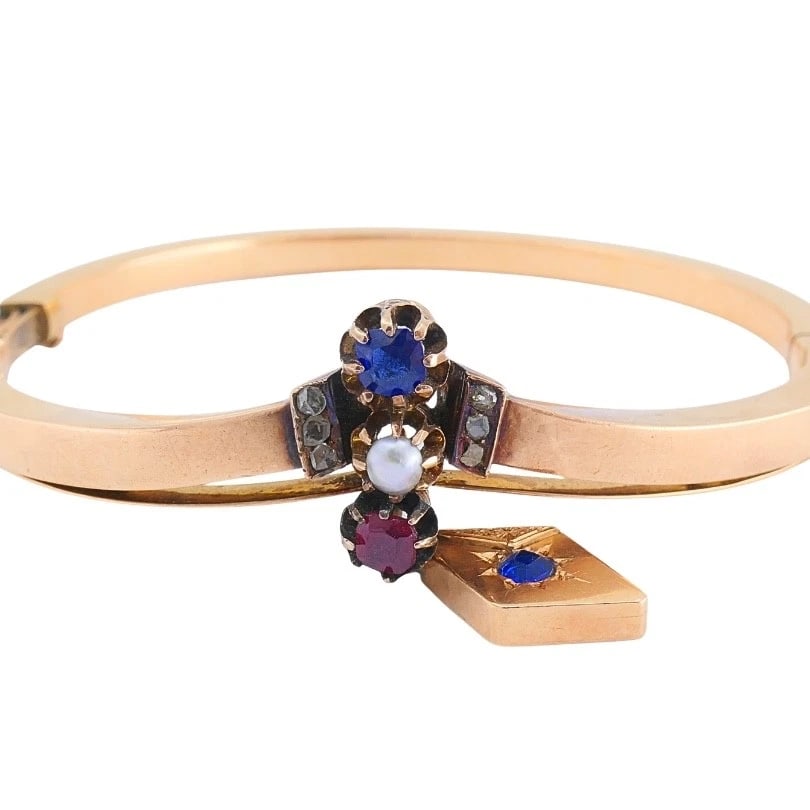 Victorian 14k Gold Gemstone Bangle Bracelet - 5
