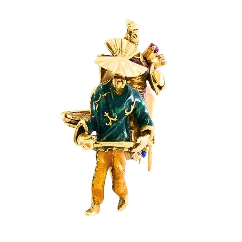 Vintage 18k Gold Enamel Riksha Brooch Pin Gemstone Accents - 4