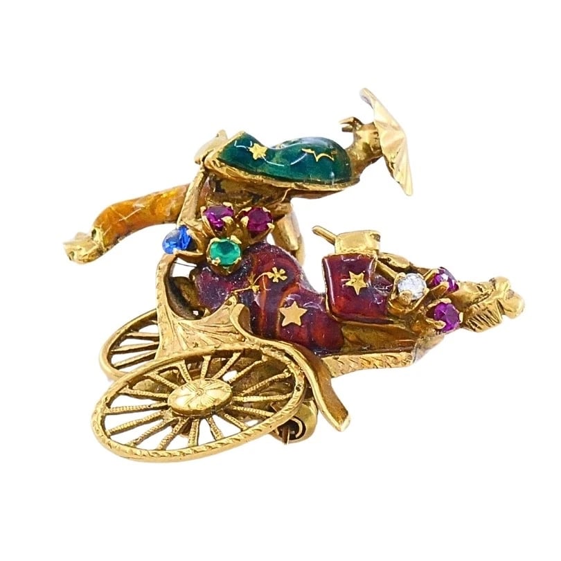 Vintage 18k Gold Enamel Riksha Brooch Pin Gemstone Accents - 6