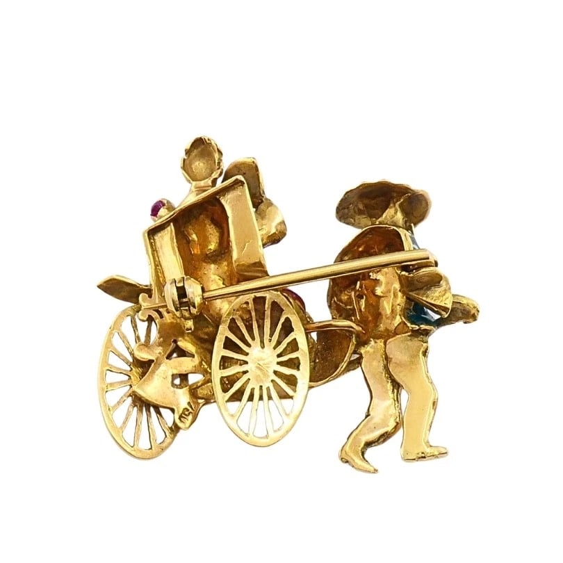 Vintage 18k Gold Enamel Riksha Brooch Pin Gemstone Accents - 9