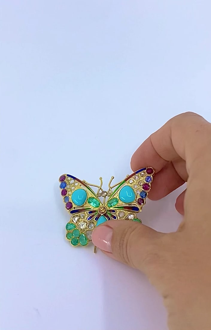 Vintage 18k Gold Multigem Butterfly Brooch Statement Insect Jewelry - 2