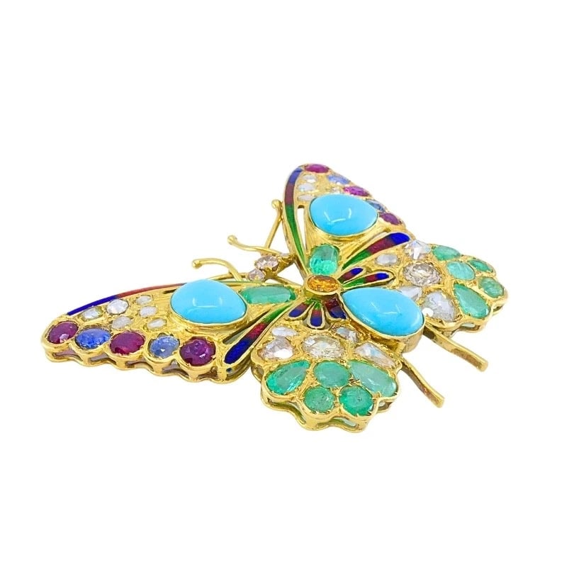 Vintage 18k Gold Multigem Butterfly Brooch Statement Insect Jewelry - 5