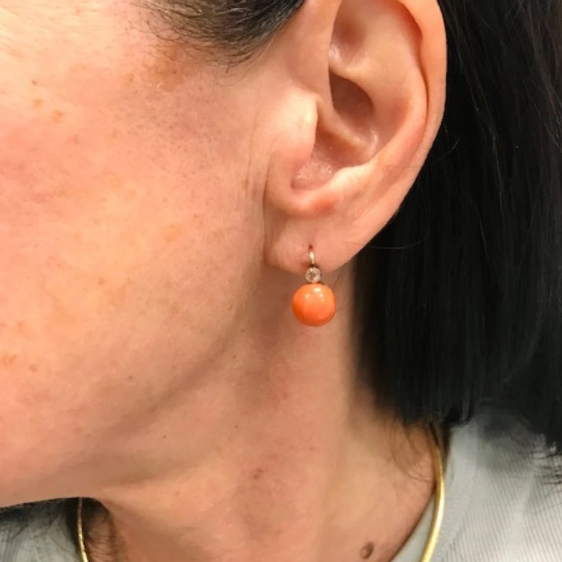 Vintage 14k Gold Coral Earrings Diamond Accent - 2