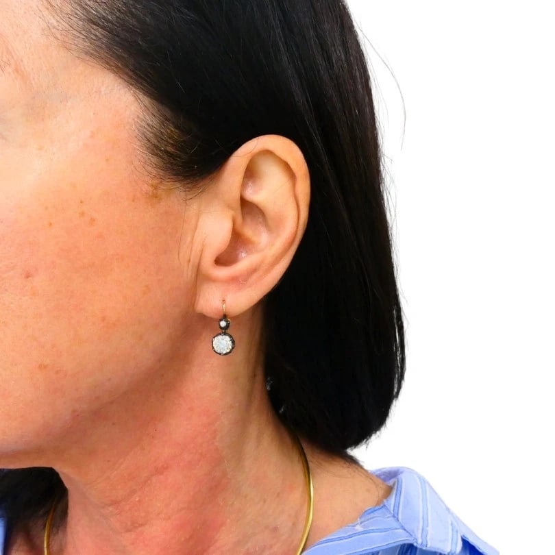 Victorian 14k Gold Silver Two-Stone Diamond EARRINGS Old Mine Cut Antique - 3