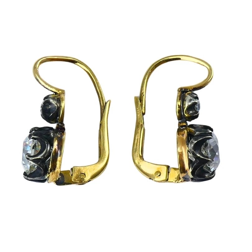 Victorian 14k Gold Silver Two-Stone Diamond EARRINGS Old Mine Cut Antique - 6