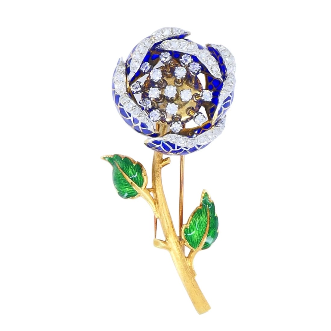 Vintage 18k Gold Diamond Enamel Flower Pendant Clip Brooch: Title: Vintage 18k Gold Diamond Enamel Flower Pendant Clip Brooch Description: An exquisite floral pendant brooch, crafted in 18k yellow gold, diamond, and enamel, circa 1950s–1960s. This remark