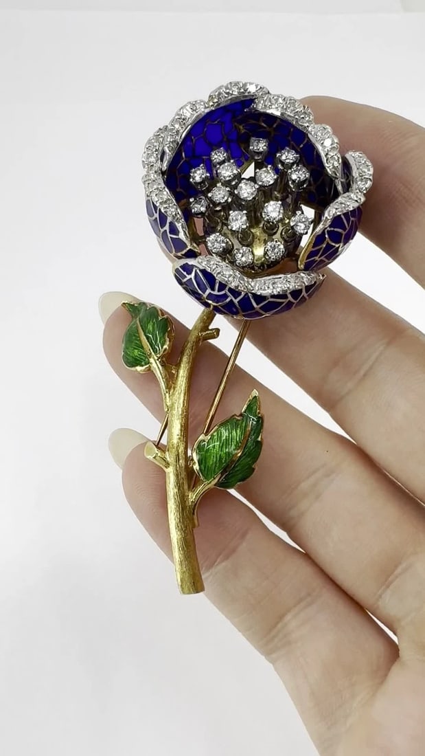 Vintage 18k Gold Diamond Enamel Flower Pendant Clip Brooch - 2