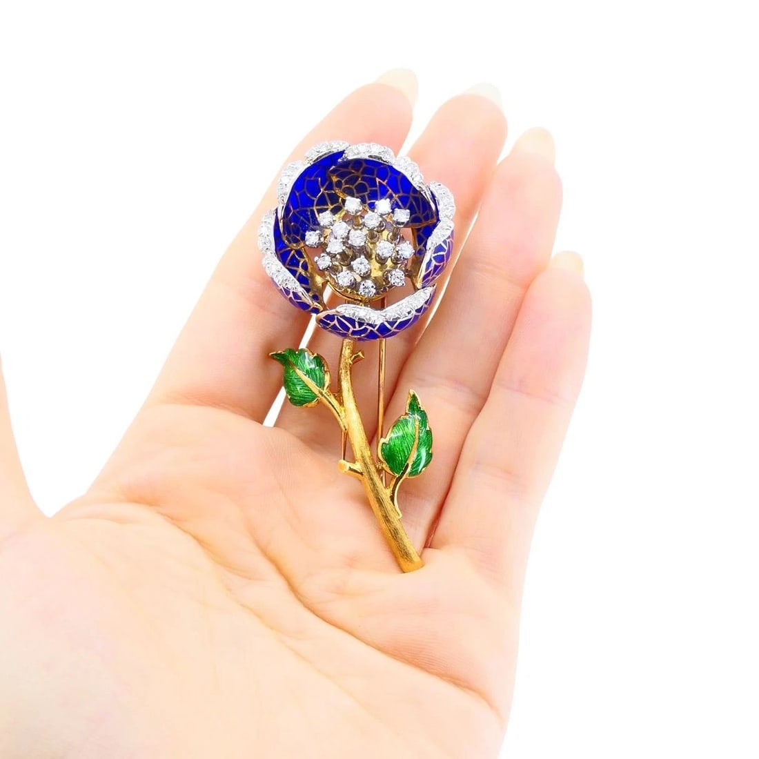 Vintage 18k Gold Diamond Enamel Flower Pendant Clip Brooch - 3
