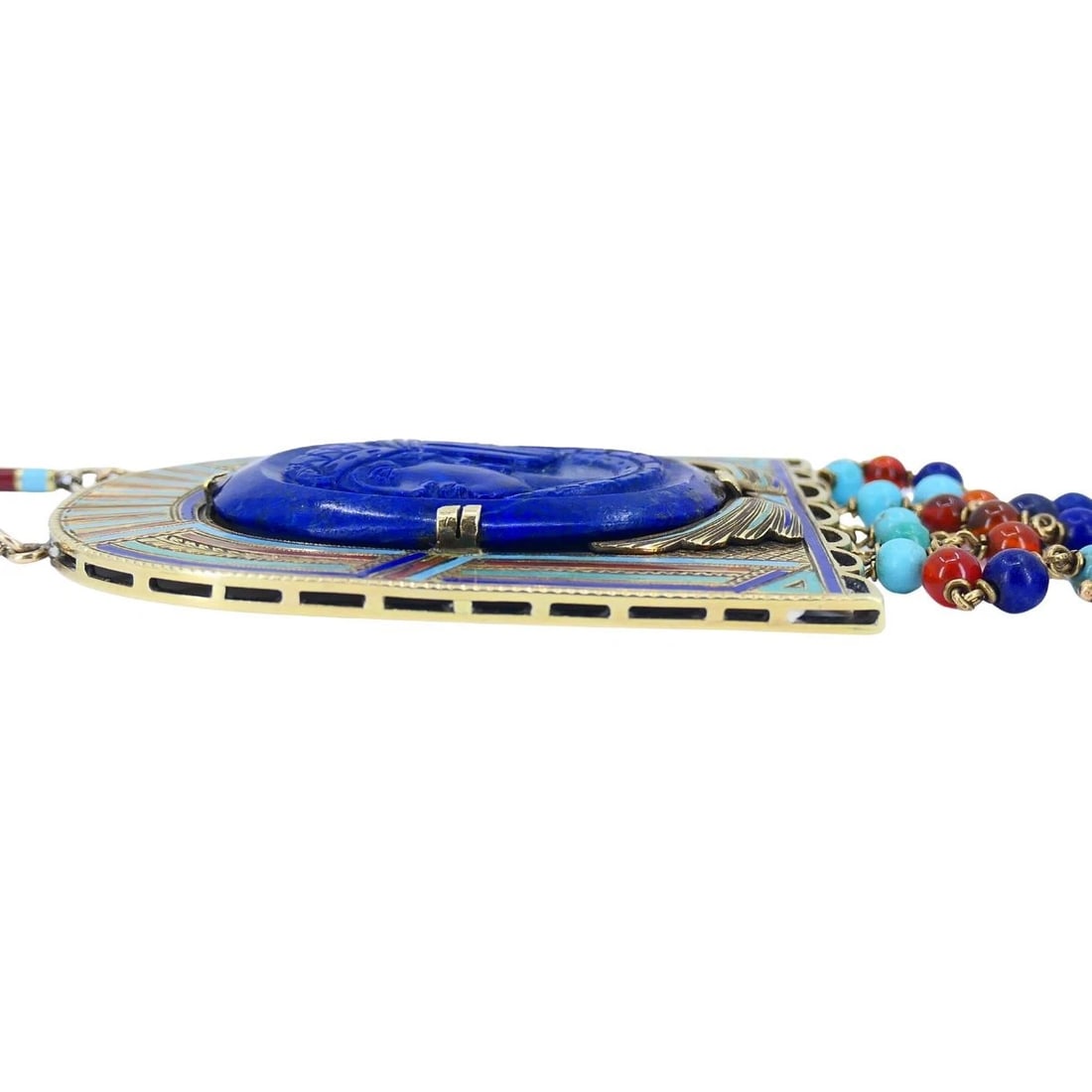 Egyptian Revival 14k Gold Gemstones Enamel Pendant Necklace - 10