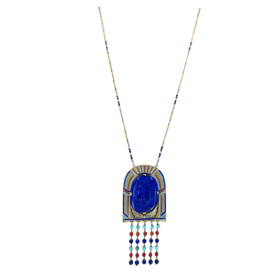 Egyptian Revival 14k Gold Gemstones Enamel Pendant Necklace - 12