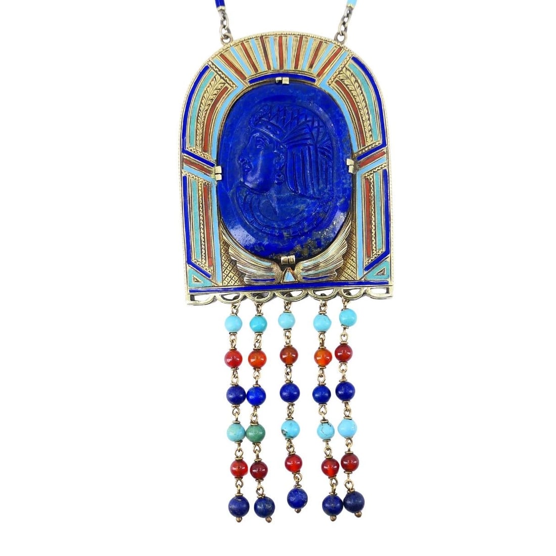 Egyptian Revival 14k Gold Gemstones Enamel Pendant Necklace - 3