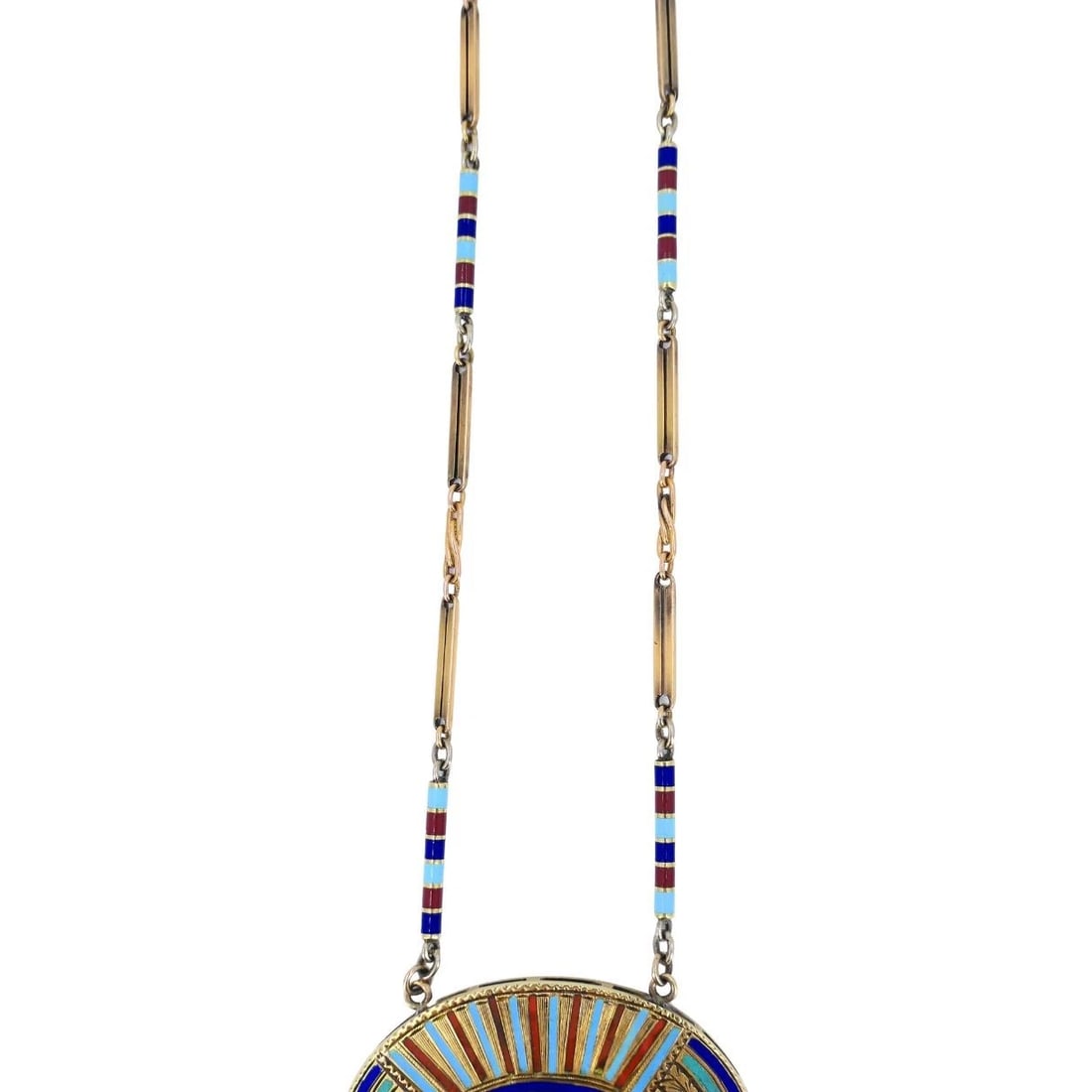 Egyptian Revival 14k Gold Gemstones Enamel Pendant Necklace - 6