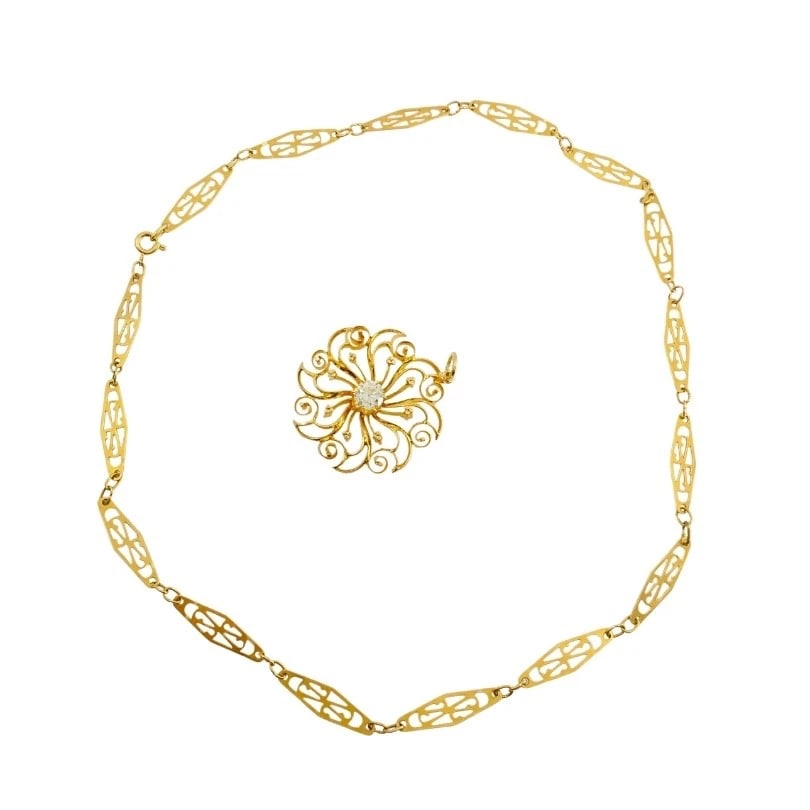 14k Diamond Pendant 18k Openwork Filigree Chain Necklace - 7