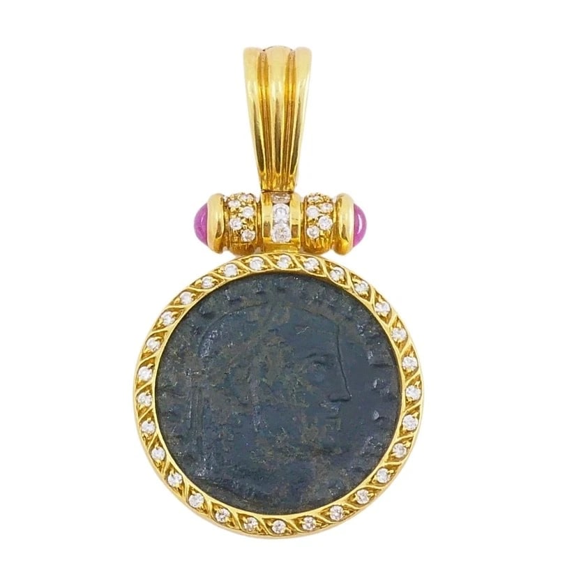 Ancient Coin 18k Gold Diamond Ruby Pendant: Title: Ancient Coin 18k Gold Diamond Ruby Pendant Description: Product details: Materials: 18k old emstone: Ruby & Diamond Weight: 15.7 rams Measurement: Diameter - 7/8 " Length - 1 1/2" Hallmarks: 75
