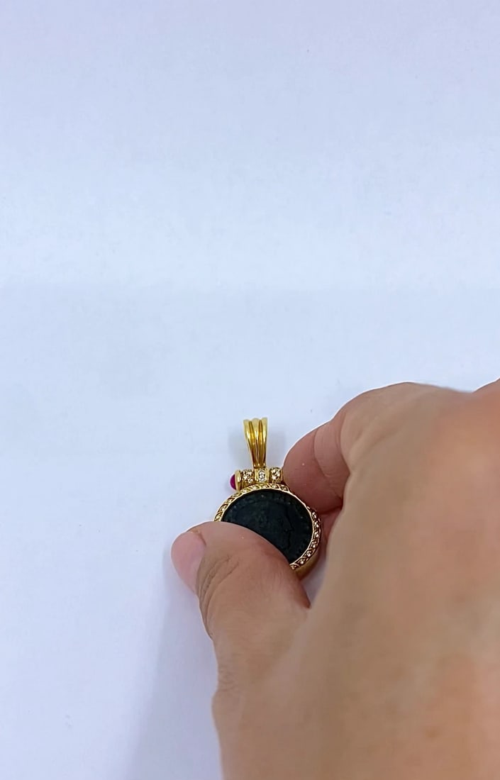 Ancient Coin 18k Gold Diamond Ruby Pendant - 2