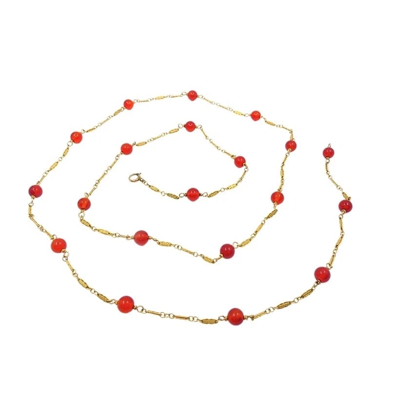 Vintage 14k Gold Carnelian Bead Necklace - 9
