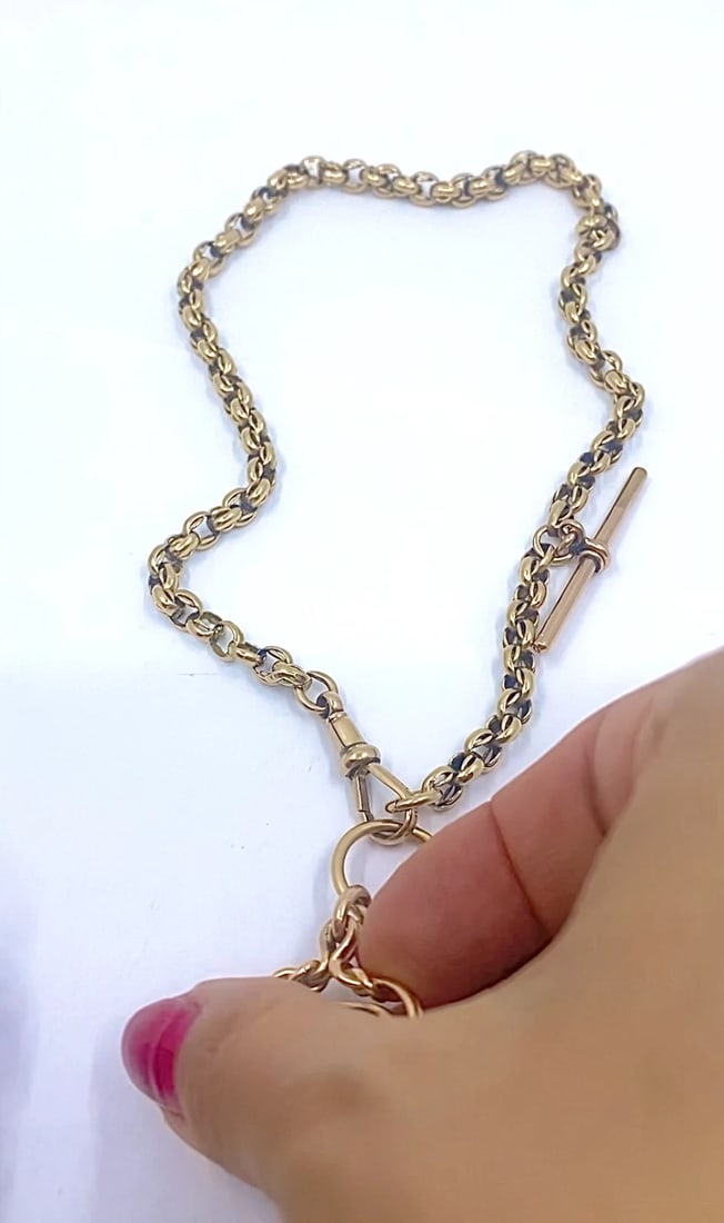 Antique 9k Gold Albert Chain Necklace Bloodstone Agate Pendant - 2