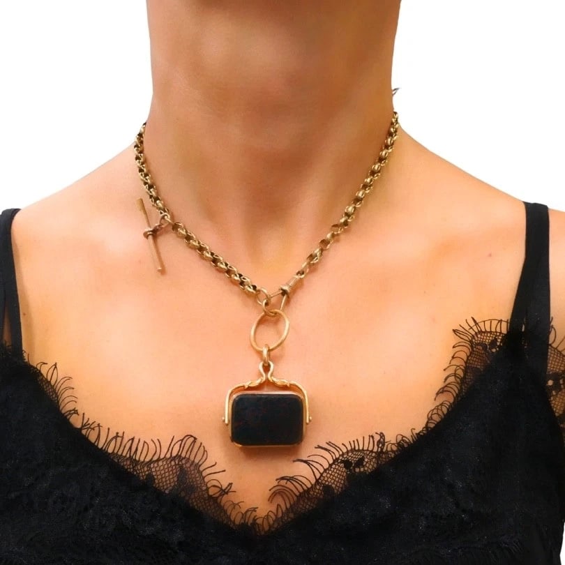 Antique 9k Gold Albert Chain Necklace Bloodstone Agate Pendant - 4
