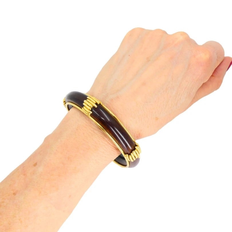 Vintage Van Cleef & Arpels 18k Gold Wood BANGLE BRACELET Estate Jewelry - 3