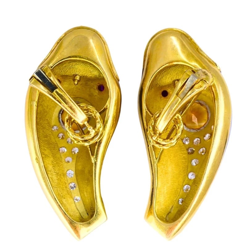 Vintage French 1950s Snake EARRINGS 18k Gold Platinum Blue Enamel Gemstones - 12