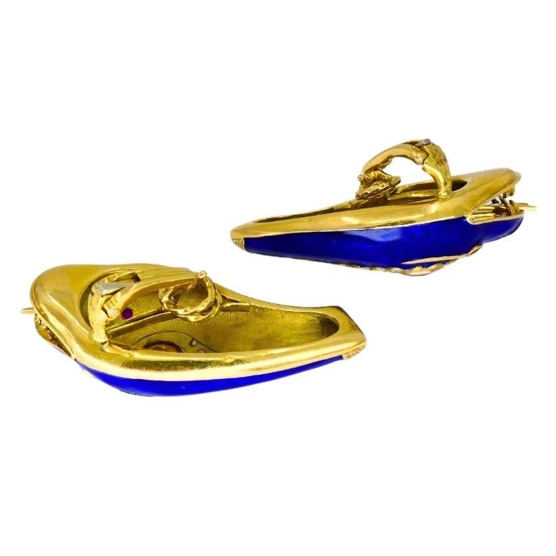 Vintage French 1950s Snake EARRINGS 18k Gold Platinum Blue Enamel Gemstones - 9