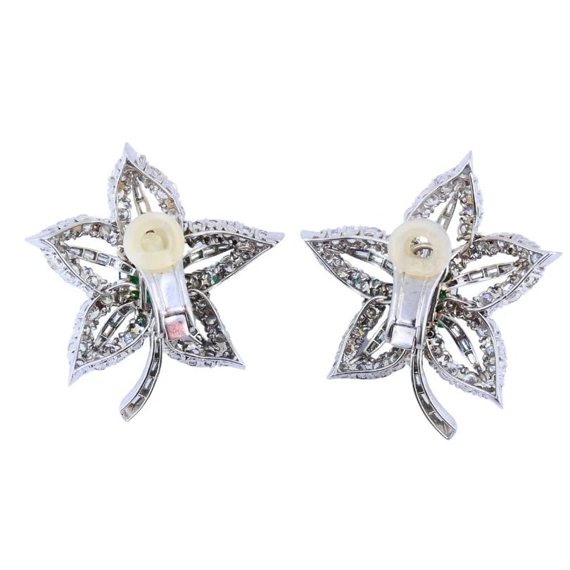 Vintage Platinum Diamond Floral EARRINGS Sugarloaf Emerald Estate Jewelry - 6