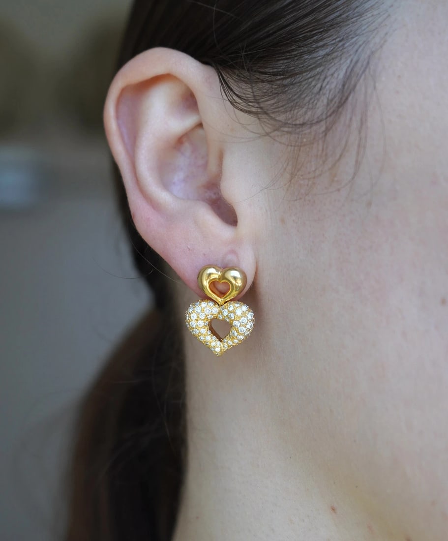 Vintage Van Cleef & Arpels 18k Gold Diamond Double Heart Earrings - 3
