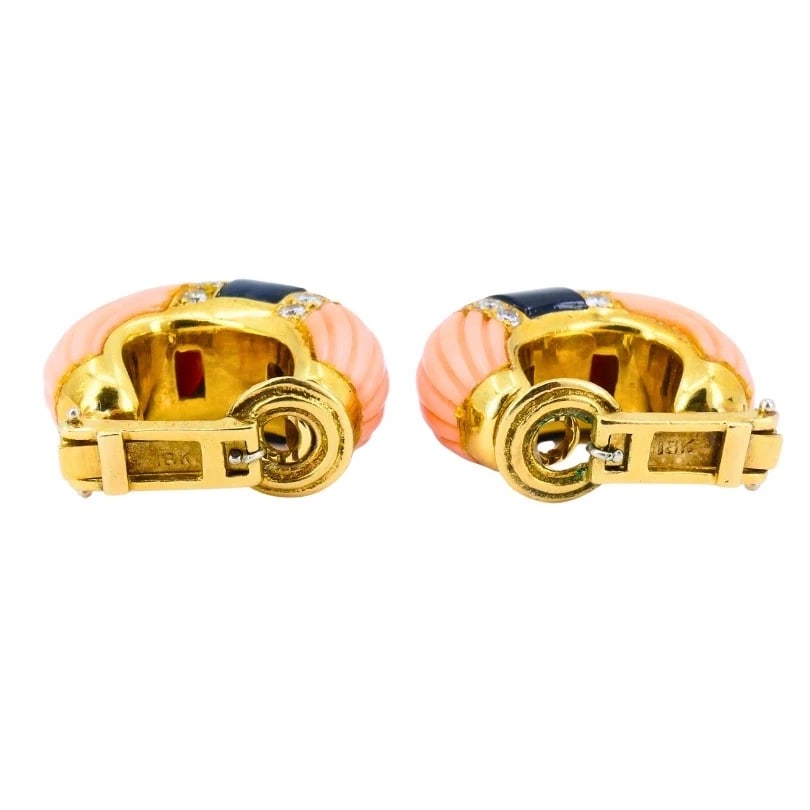 Vintage Cartier SET Coral Onyx Diamond 18k Gold RING and EARRINGS Estate Jewelry - 7