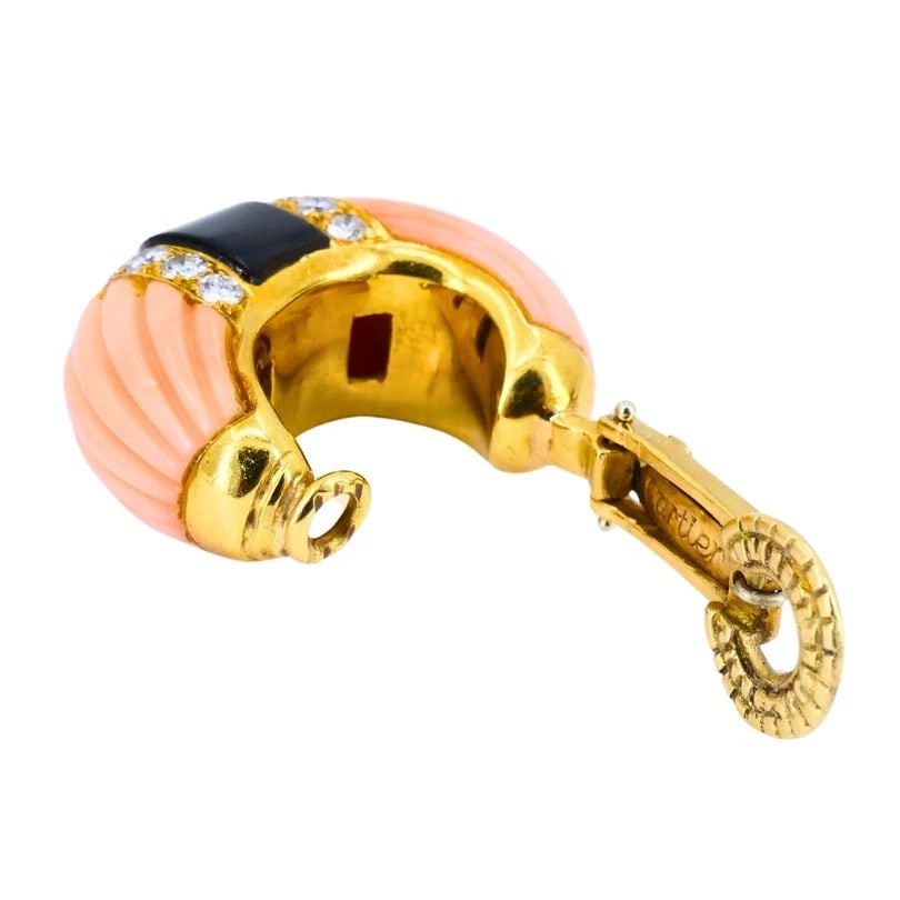 Vintage Cartier SET Coral Onyx Diamond 18k Gold RING and EARRINGS Estate Jewelry - 8