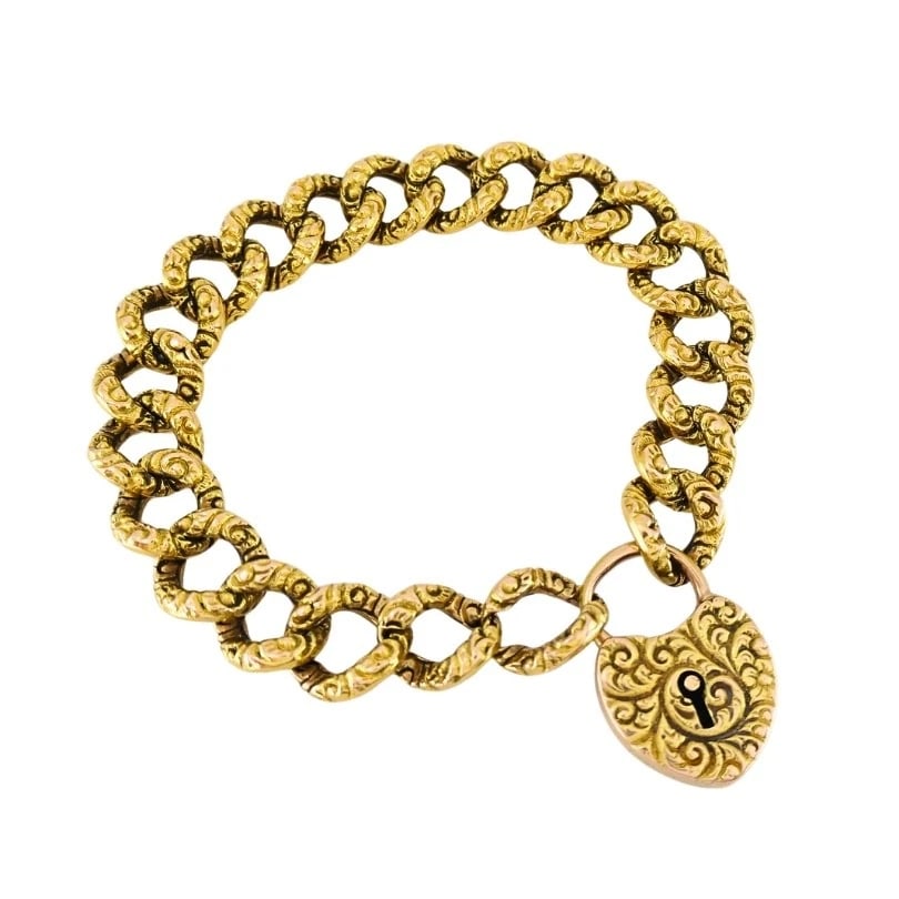 Vintage 14k Gold Heart Lock Link Bracelet - 8