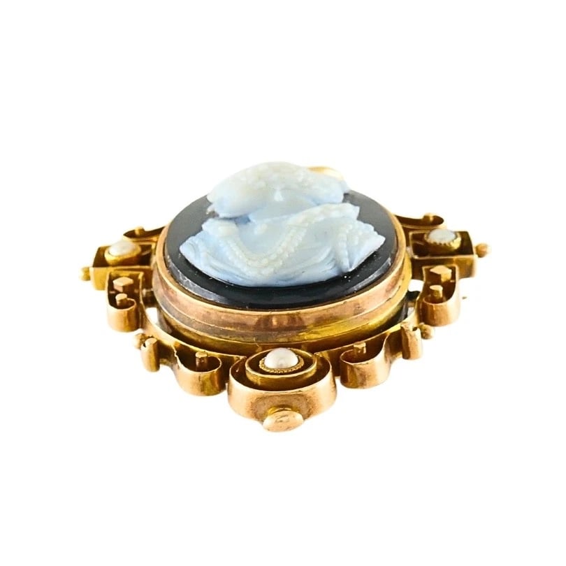Antique 12k Gold Agate Cameo Pendant Brooch Seed Pearls - 6