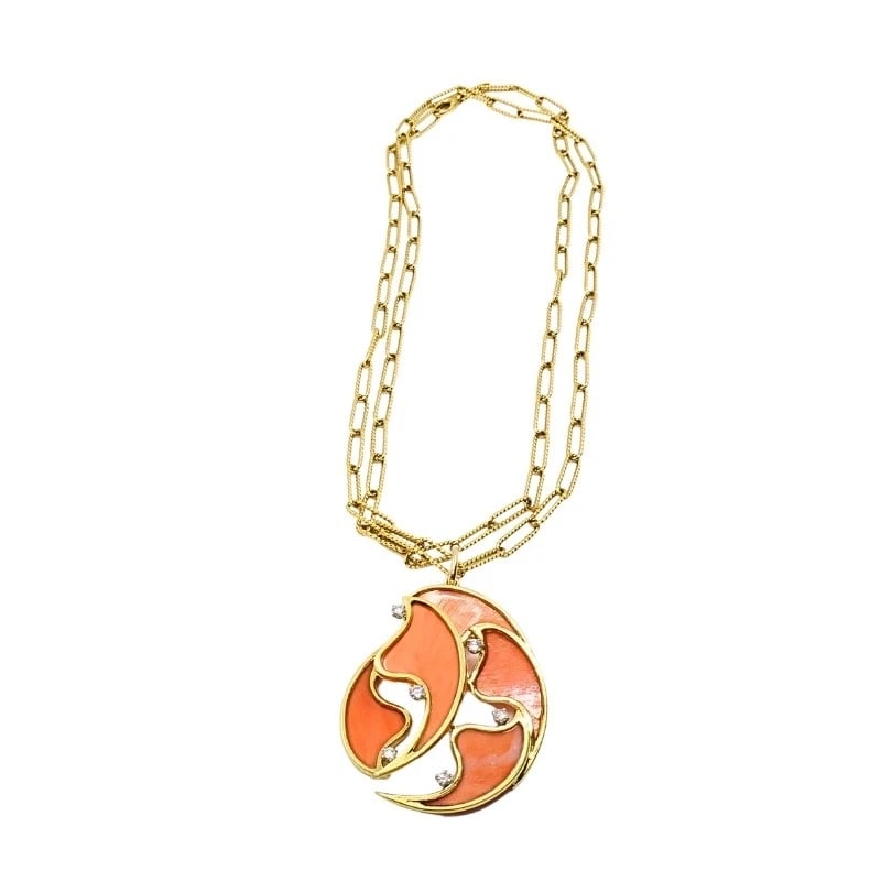 French 18k Diamond Coral Pendant 14k Gold Chain Necklace - 6