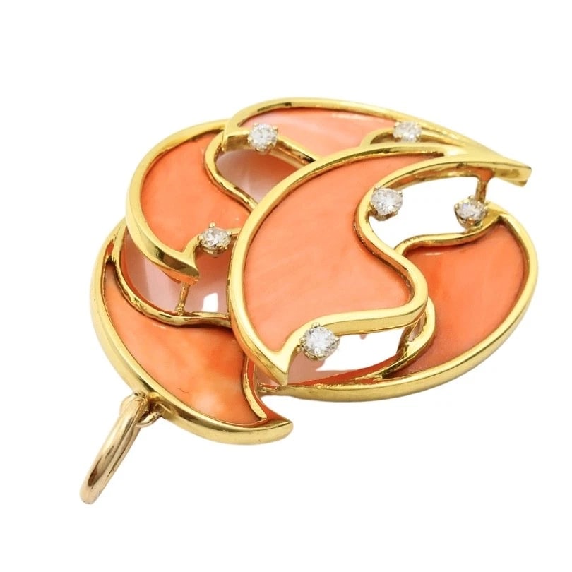 French 18k Diamond Coral Pendant 14k Gold Chain Necklace - 8