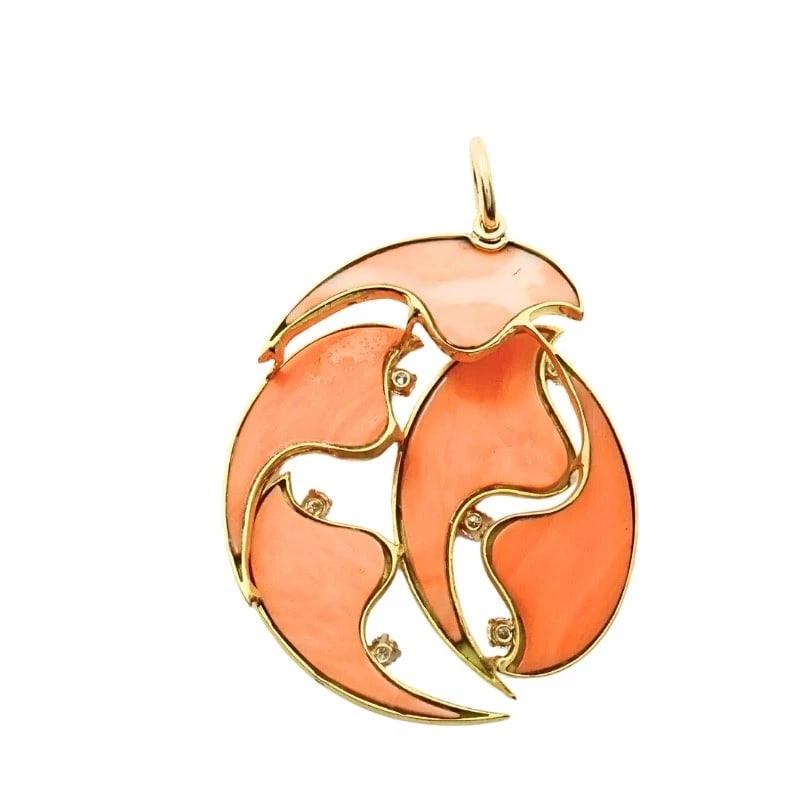 French 18k Diamond Coral Pendant 14k Gold Chain Necklace - 9