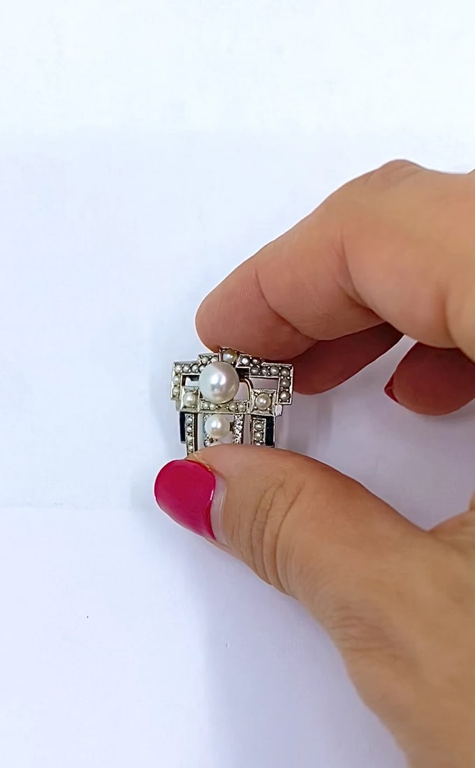Art Deco Palladium Pearl Diamond Geometric Pin Brooch - 2