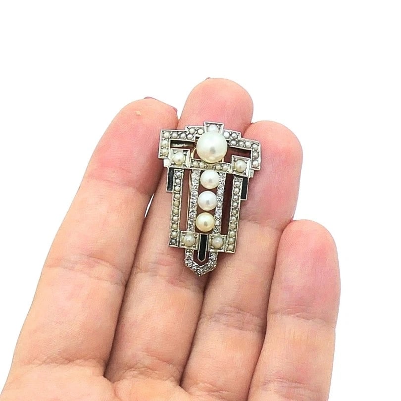 Art Deco Palladium Pearl Diamond Geometric Pin Brooch - 3