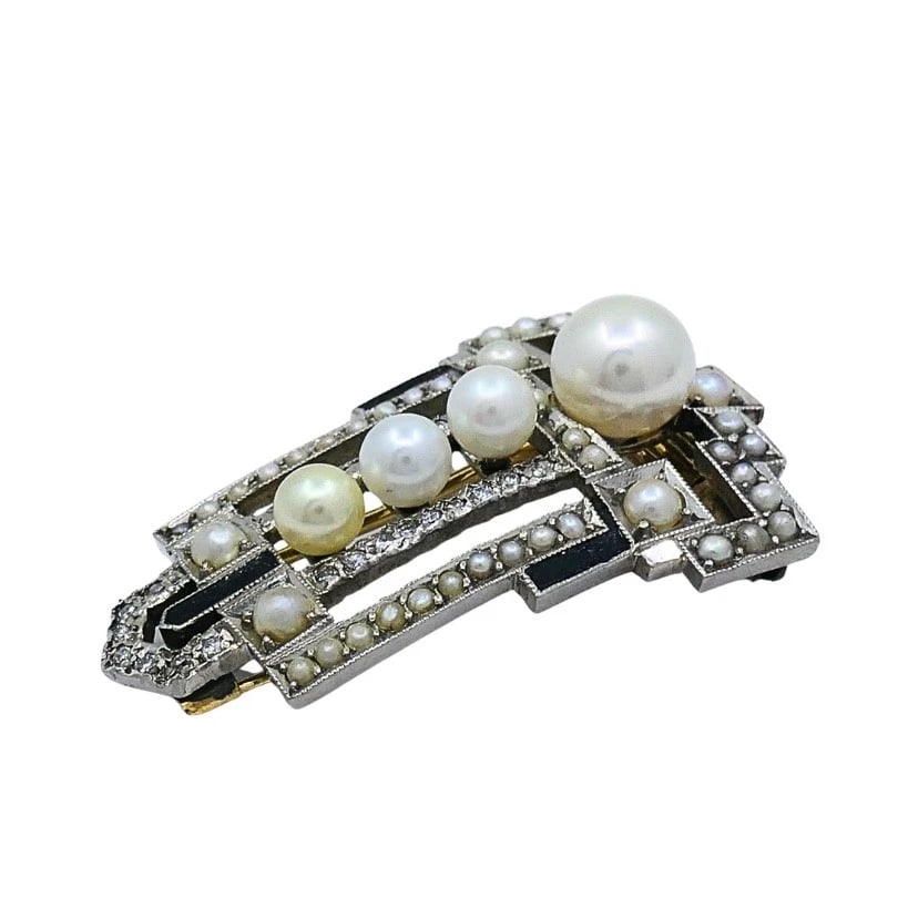 Art Deco Palladium Pearl Diamond Geometric Pin Brooch - 4