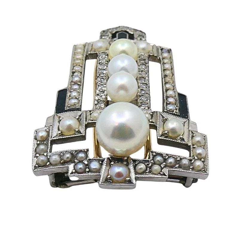 Art Deco Palladium Pearl Diamond Geometric Pin Brooch - 6