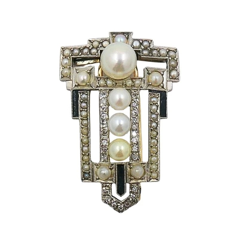 Art Deco Palladium Pearl Diamond Geometric Pin Brooch - 7