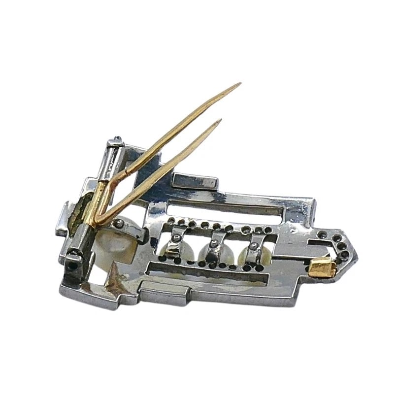 Art Deco Palladium Pearl Diamond Geometric Pin Brooch - 9