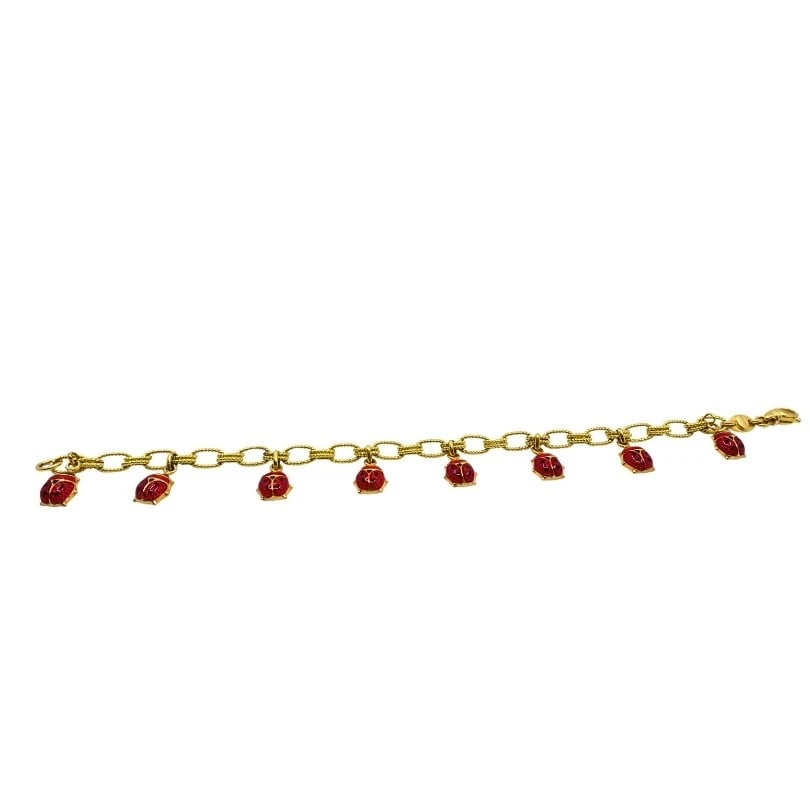 18k Gold Chain 14k Gold Enamel Ladybug Charms Bracelet - 7