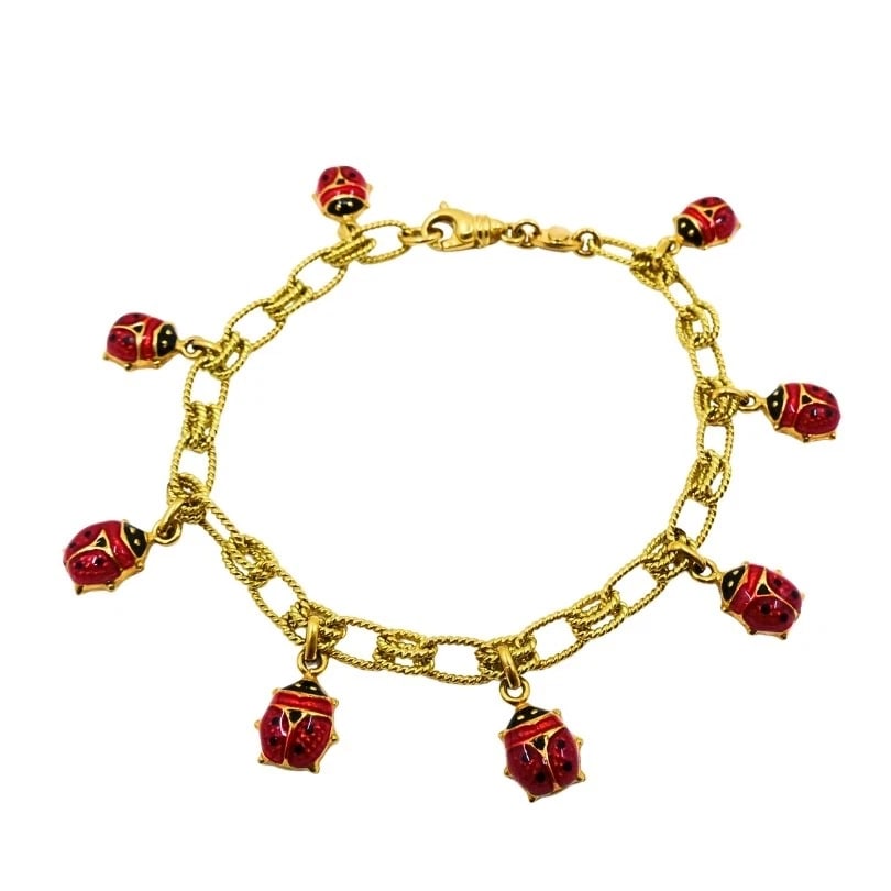 18k Gold Chain 14k Gold Enamel Ladybug Charms Bracelet - 8