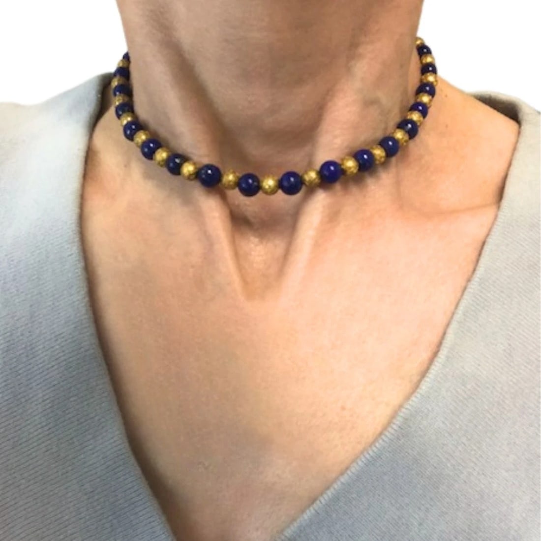 Vintage Choker Necklace 14k Textured Gold Lapis Lazuli Beads - 2