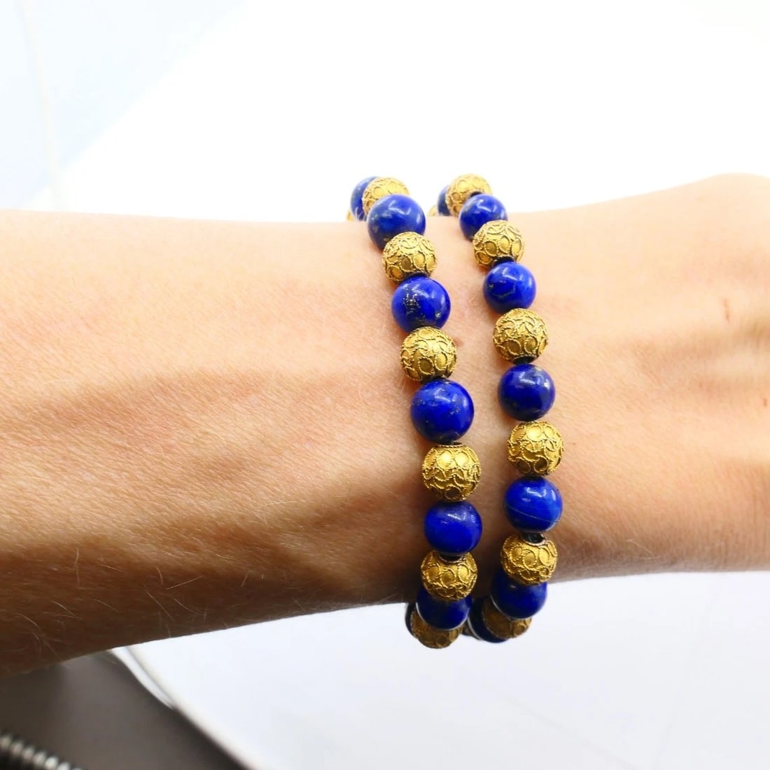 Vintage Choker Necklace 14k Textured Gold Lapis Lazuli Beads - 3